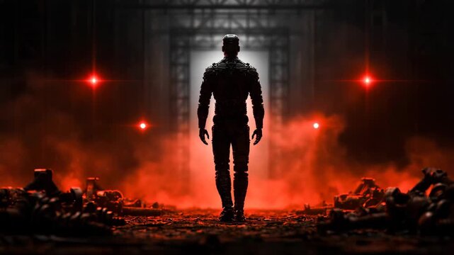 Robotic Figure Silhouette in Abandoned Factory Corridor