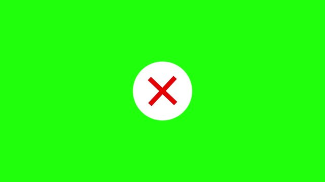 Animated red cross mark inside a white circle isolated on a vibrant chroma key green screen background, for easy compositing, and digital interface, projects and user alerts
