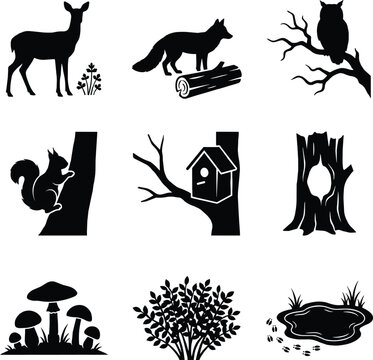 forest animals vector, woodland wildlife icons, deer silhouette art, fox log illustration, owl tree branch, squirrel climbing tree, birdhouse branch icon, tree trunk hollow, mushrooms silhouette, fore
