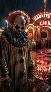 Creepy Clown Standing Outside a Haunted Carnival in Rain
