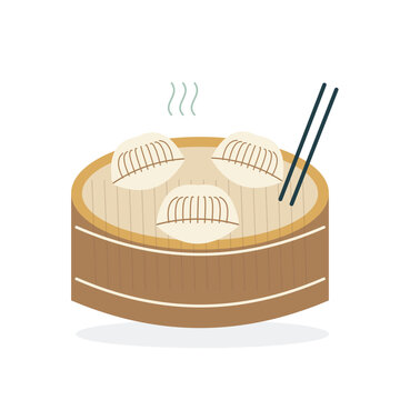 Steamed dumplings in a bamboo basket with chopsticks vector