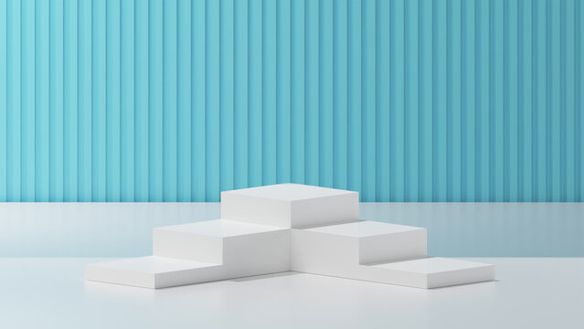 A two sided tiered White cube podium on a White base. Background with a Aqua Blue rectangular pattern