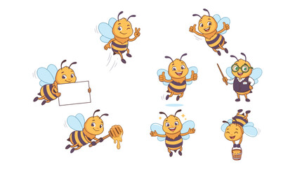 Obraz premium Cute cartoon honey bee character set in different poses isolated on white background vector illustration