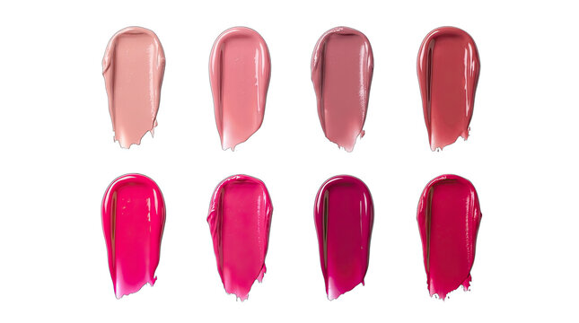 A vibrant collection of eight lipstick shades ranging from nude to bold pink isolated on transparent background