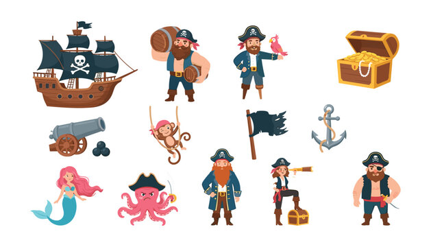 PrintCute cartoon pirate vector character set with ship treasure chest mermaid octopus anchor cannon monkey parrot and captain icons