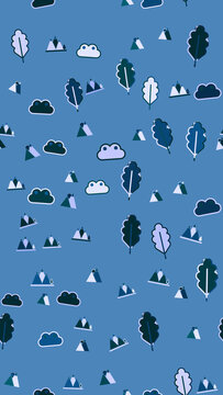 Stylized Trees, Mountains, and Clouds Pattern