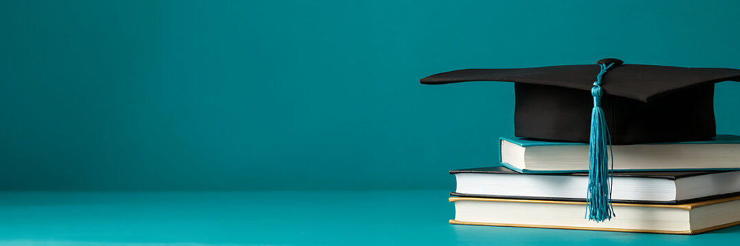 Black graduation cap with a teal tassel placed on a stack of three books against a solid teal background, representing academic success and study