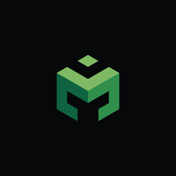 Abstract geometric green cube logo design vector illustration on black background