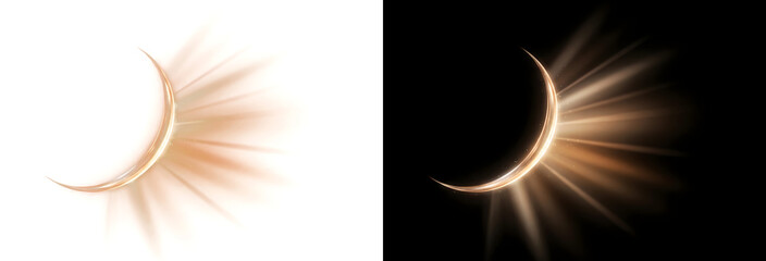 Golden crescent moon glows with radiant light rays beside it in PNG, Transparent and Black Background Versions for design use © Crafter