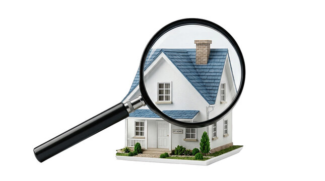 Detailed inspection of a charming residential house with a magnifying glass isolated on transparent background