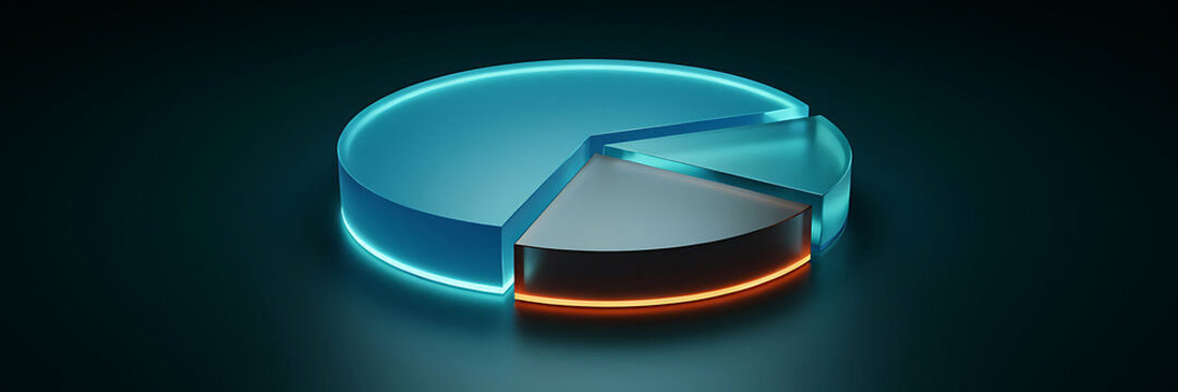 Glowing blue and grey 3d pie chart with a bright orange light ring at the base isolated on a dark background, for business data analysis