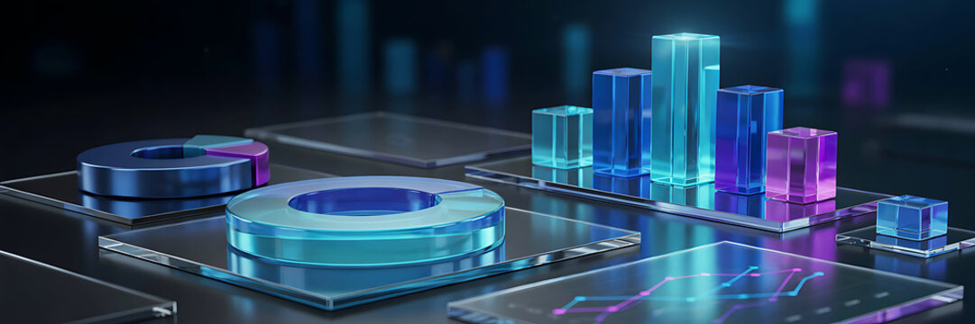 Digital data visualization with glowing blue and purple glass bar charts and circular pie charts on a dark reflective surface background