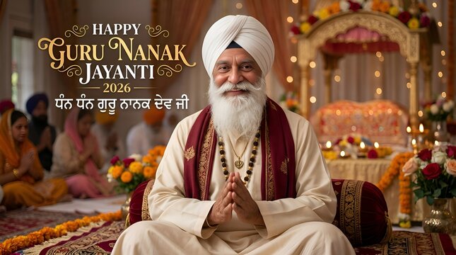 Happy Guru Nanak Jayanti celebration with elder Sikh man in traditional attire, prayerful setting