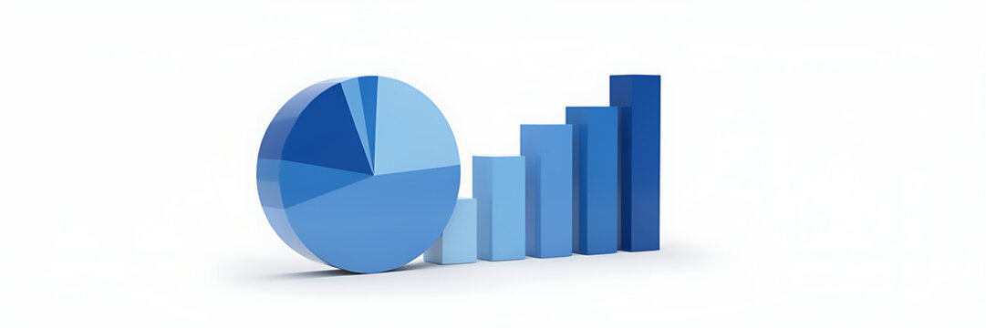 A3d blue pie chart with a small separated segment and a series of vertical bar graphs of increasing height on a plain white background surface