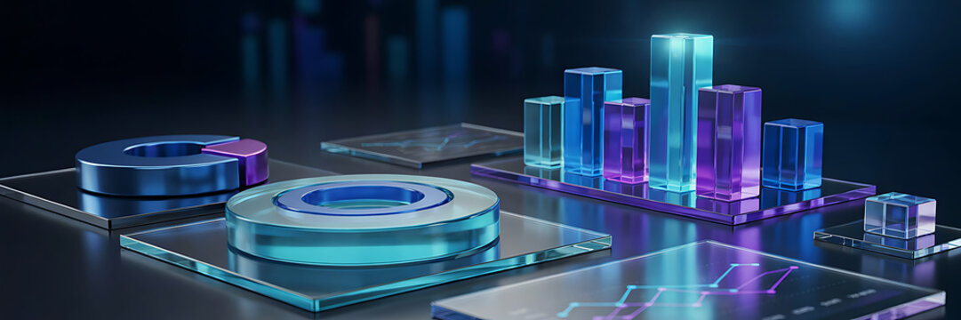 A futuristic 3d digital interface with glowing glass bar charts and circular donut charts on a dark reflective surface for financial analytics