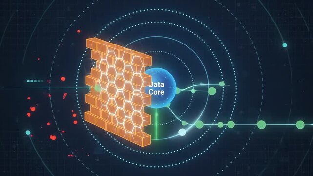 malicious red virus icons attacking a central blue data core sphere protected by a firewall brick wall symbol against a glowing digital network background grid representing cyber security concepts