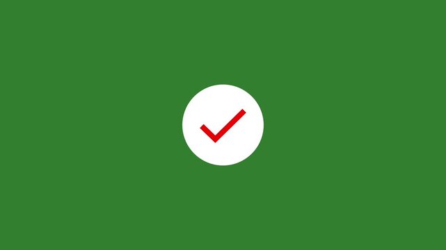 Minimalist motion featuring a red checkmark inside a white circle on a solid green background, representing success, approval, correct choice, task completion, and positive confirmation