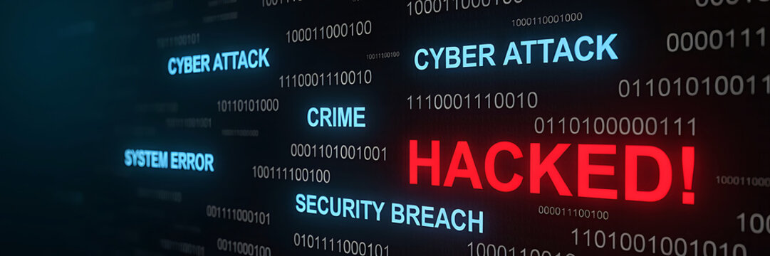 Digital background, with binary code, and glowing text, reading hacked in, red, surrounded by, cyber attack, crime, and security breach warnings
