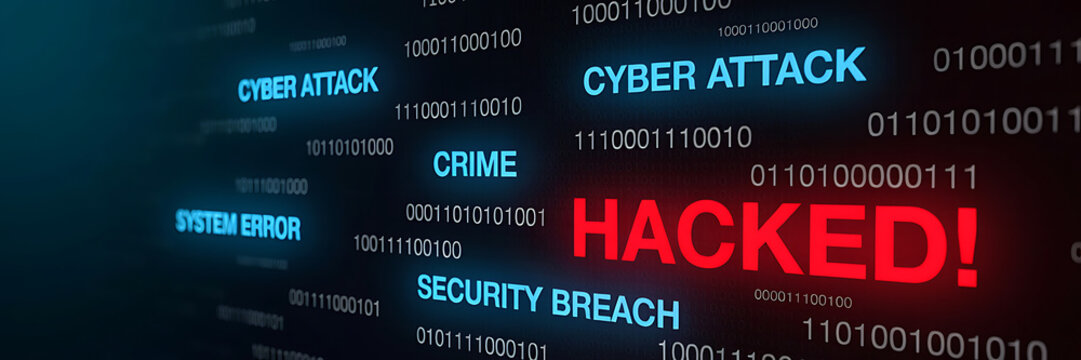Digital background, with binary code, and glowing text, reading hacked in, red, surrounded by, cyber attack, crime, and security breach warnings
