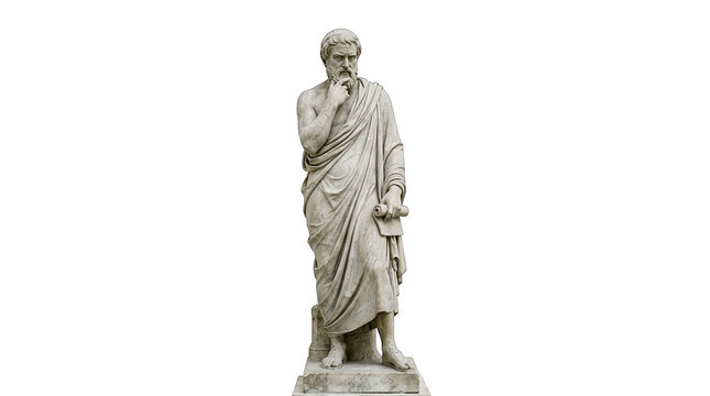 An ancient marble statue of a philosopher or scholar thoughtfully posed and detailed isolated on transparent background