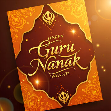Happy Guru Nanak Jayanti Greeting Card with Golden Ornate Border