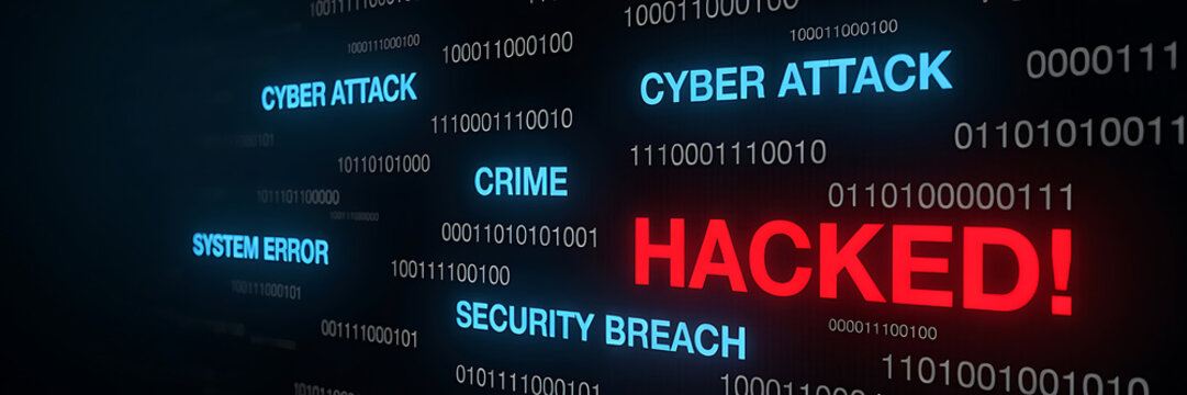 Digital background, with binary code, and glowing text, reading hacked in, red, surrounded by, cyber attack, crime, and security breach warnings