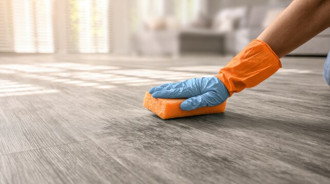 Gloved hand cleaning floor with orange sponge