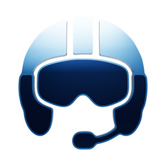 A stylized blue pilot helmet icon with a microphone boom arm, featuring a glossy metallic finish and a clean, symmetrical shape on a white background isolated on a transparent background © JHON