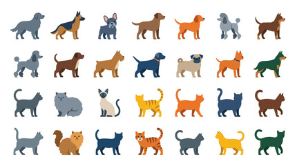 Obraz premium Comprehensive collection of minimalist flat vector icons featuring diverse dog and cat breeds. Includes silhouettes of poodles, shepherds, bulldogs, and various feline poses for pet care.
