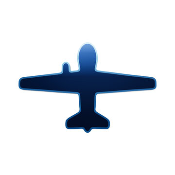 A sleek blue icon of a passenger airplane silhouette, featuring a smooth metallic gradient and a clean, minimalist shape on a white background isolated on a transparent background