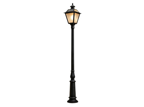 Classic black metal street lamp with glowing lantern isolated on a clean white background
