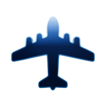 A detailed blue icon of a four-engine passenger airplane, featuring a glossy metallic finish and a symmetrical silhouette on a white background isolated on a transparent background