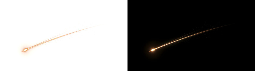 Shooting star with a glowing golden trail streaks across the frame in PNG, Transparent and Black Background Versions for design © Crafter