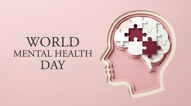 Conceptual illustration for world mental health day featuring a human head silhouette with puzzle pieces representing complex psychological wellbeing states
