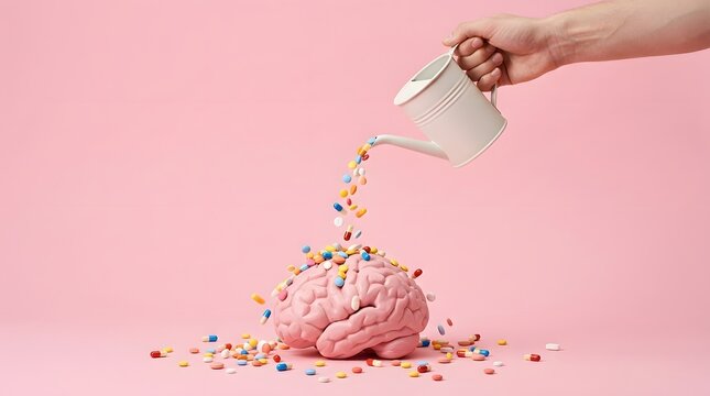 A hand pouring colorful sprinkles onto a pink brain model representing creativity and positive mental health awareness concepts