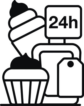 Bakery shop icon, 24h dessert service, cupcake and ice cream vector