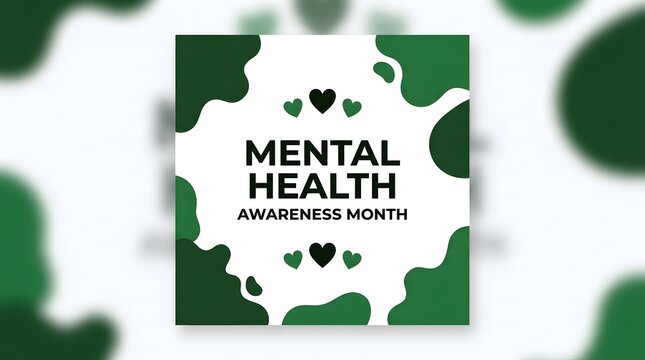 A conceptual graphic design promoting mental health awareness with a green and white abstract ink splash background design