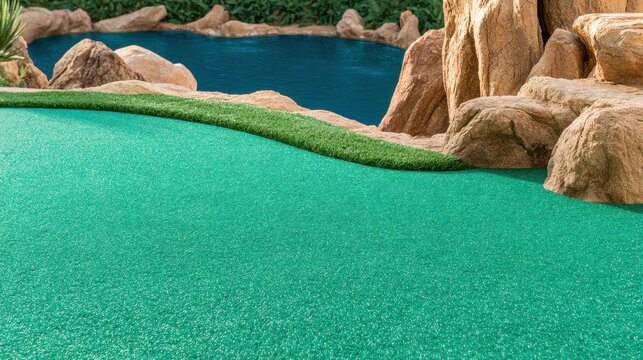 Miniature golf course with green turf and water feature