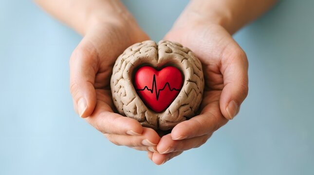 Close up of human hands holding a brain model with a red heart inside representing mental health awareness support