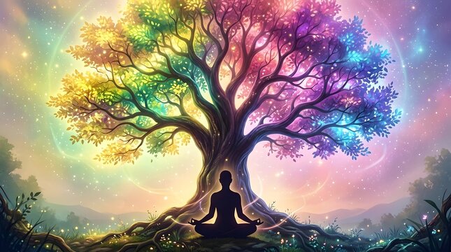 A silhouette of a person meditating under a vibrant colorful tree representing spiritual growth and positive mental health awareness