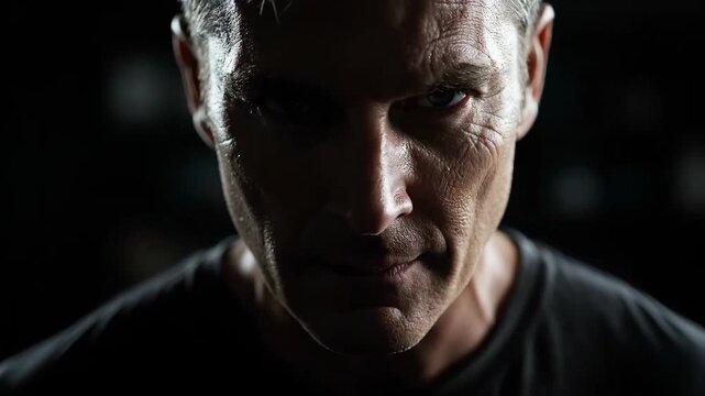 Close-up footage of a man's face, with a resolute man and deep eyes