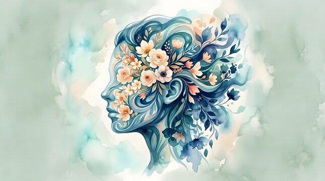 Artistic watercolor illustration of a woman profile with floral elements representing positive mental health and personal growth concepts