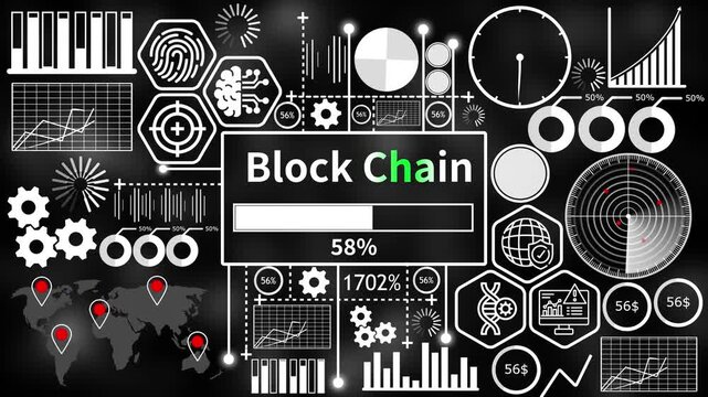 block chain set with futuristic HUD interface elements and abstract infographic charts on dark background 4k video