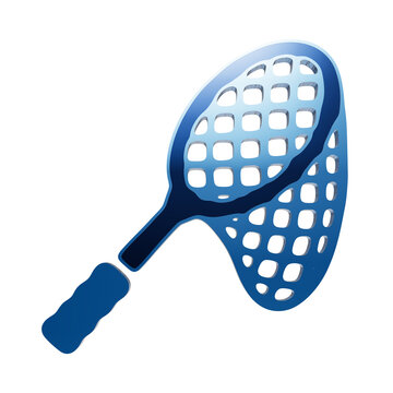 A 3D blue fishing net icon with a long handle and a wide, mesh-patterned scoop, isolated on a white background, for angling and, aquatic activities isolated on a transparent background