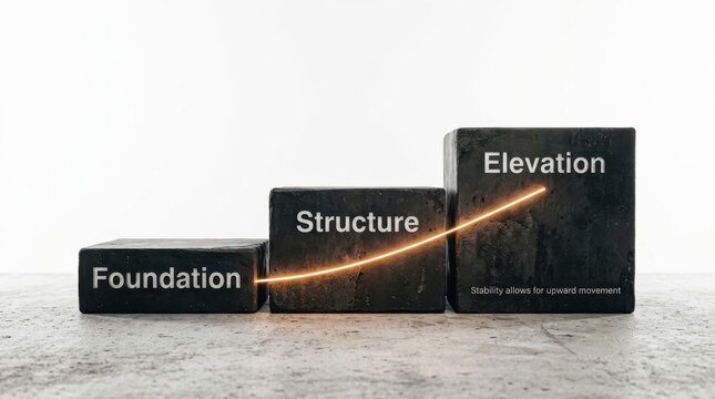 Three dark blocks showing growth steps with a rising line