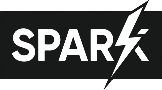 Spark typography logo with lightning bolt element for power and energy brand identity design within black rectangular background.