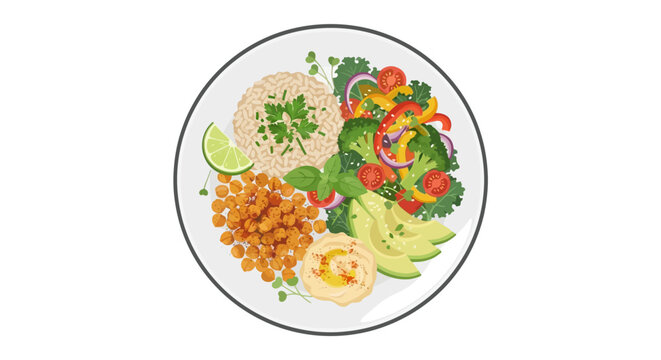 Healthy vegan Buddha bowl with rice, vegetables, and hummus vector