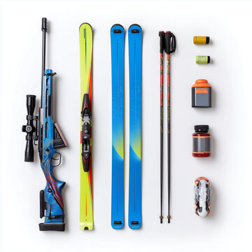 Skiing Equipment Skis Poles Boots Helmet Isolated on White Background
