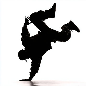 Black Silhouette Man Breakdancing Freeze Pose Isolated on White Background
