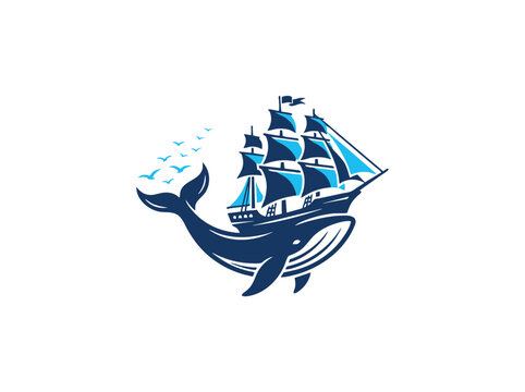 Nautical whale ship vector illustration. Surreal blue whale carrying sailing vessel. Maritime ocean creature with vintage tall ship and birds.